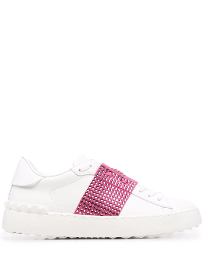 Shop Valentino Open Crystal-embellished Sneakers In White