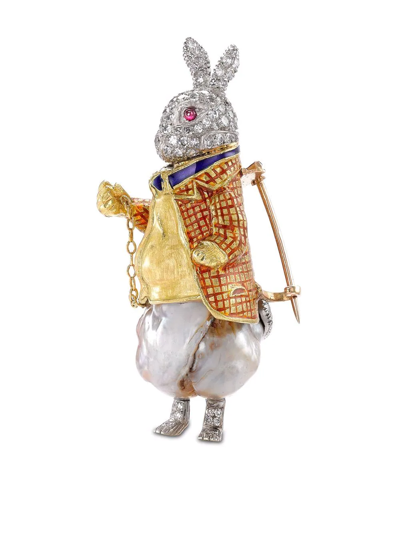 Pre-owned Pragnell Vintage 18kt Gold Edwardian Baroque Pearl Diamond Rabbit Brooch In Silver