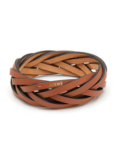 Shop Loewe Braided Calf Leather Bangle In Brown