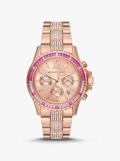 Shop Michael Kors Oversized Everest Pavé Rose Gold-tone Watch