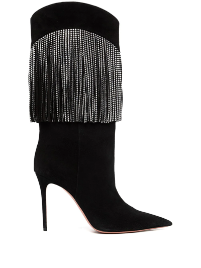 Shop Amina Muaddi Lily Crystal-fringe Mid-calf Boots In Schwarz