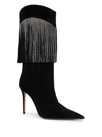 Shop Amina Muaddi Lily Crystal-fringe Mid-calf Boots In Schwarz