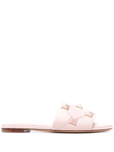 Shop Valentino Roman Stud Flat Slide Sandals In Rosa