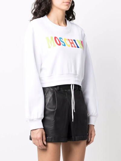 Shop Moschino Cropped Flocked-logo Sweatshirt In Weiss