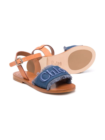 Shop Chloé Embroidered-logo Denim-strap Sandals In Blue