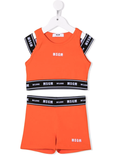 Msgm Kids Orange Sports Set With Logoed Elastic Bands In Orange