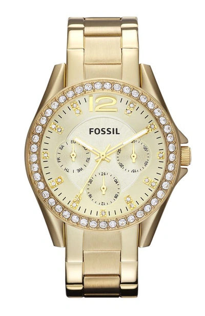 Shop Fossil 'riley' Round Crystal Bezel Bracelet Watch, 38mm In Gold