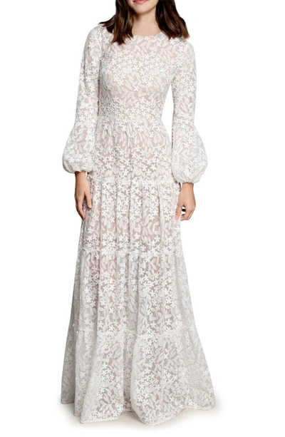 Dress The Population Lyra Semisheer Long Sleeve Gown In White