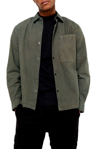 Shop Topman Oversize Fit Snap-up Shirt In Olive