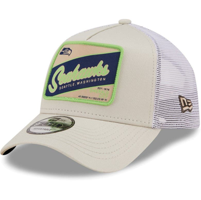 Shop New Era Khaki/white Seattle Seahawks Happy Camper A-frame Trucker 9forty Snapback Hat
