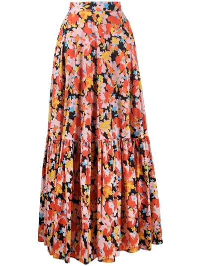 Shop Plan C Abstract-print Tiered Full Skirt In Pink