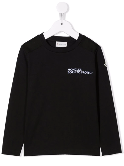 Shop Moncler Slogan-print Long-sleeve T-shirt In Black