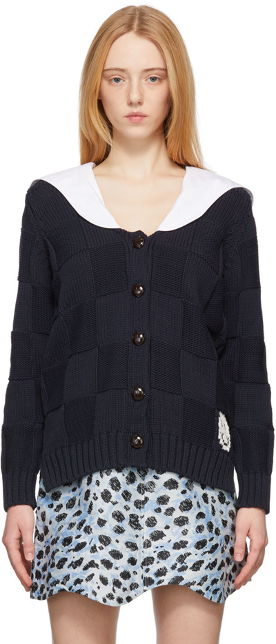 Shop Ganni Navy Knit Check Rope Cardigan In 683 Sky Captain