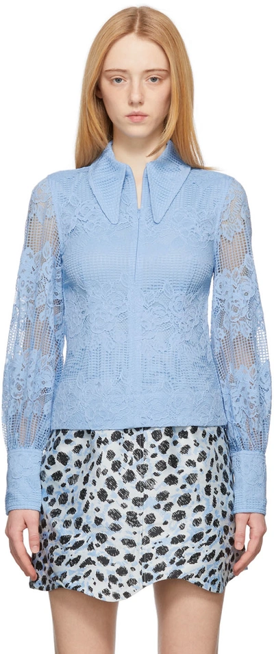 Shop Ganni Blue Lace Long Collar Blouse In 594 Placid Blue