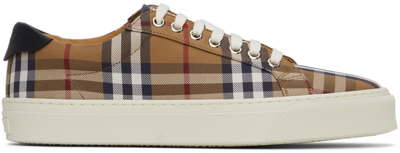 Shop Burberry Brown Check Canvas & Calfskin Sneakers In Birch Brown Ip Chk