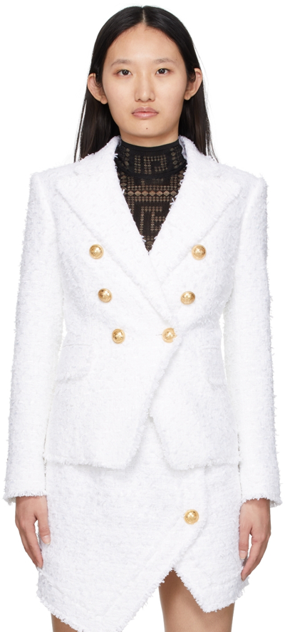 Balmain Tweed Double-breasted Fringe-trim Jacket In White | ModeSens