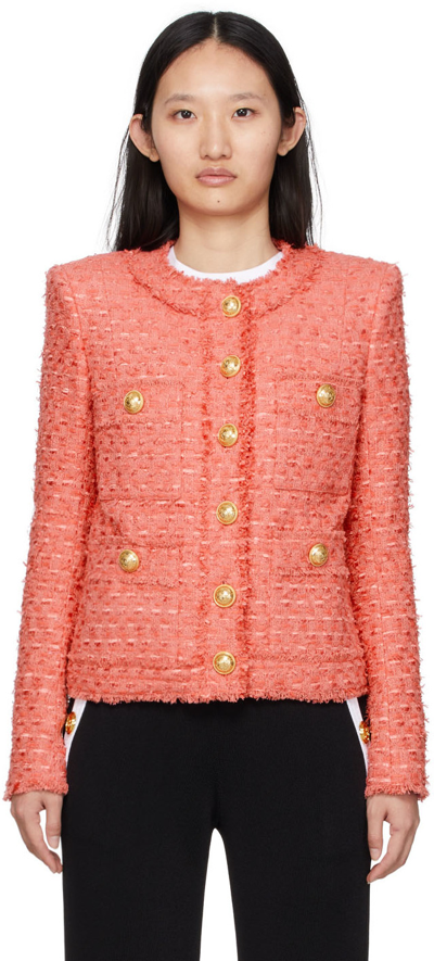 Shop Balmain Pink Collarless Tweed Jacket In 4al Rose Saumon