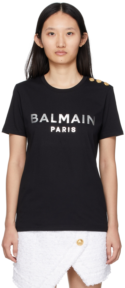 Shop Balmain Black Three-button Metallic Logo T-shirt In Eac Noir/argent