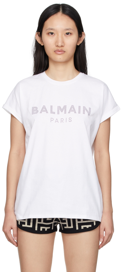 Shop Balmain White Strass T-shirt In Gab Blanc/noir