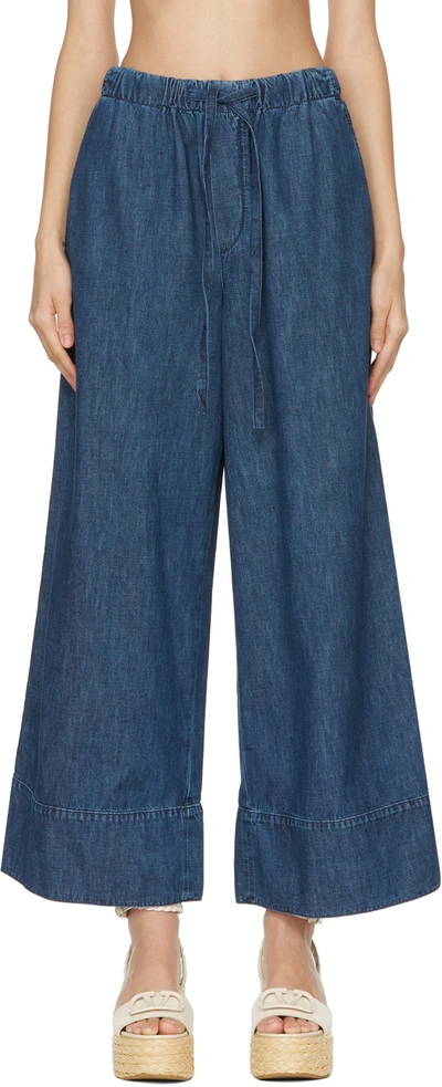 Valentino Denim-chambray Drawstring Palazzo Pants In 558 Medium Blue Deni