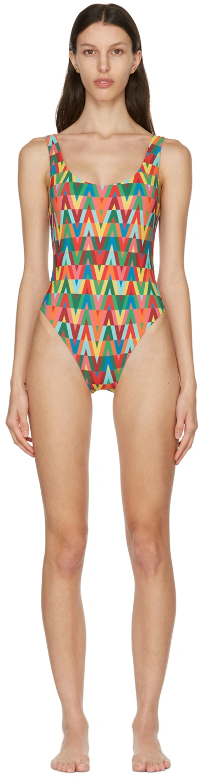 Shop Valentino Multicolor V Pattern One-piece Swimsuit In M12 Multicolor
