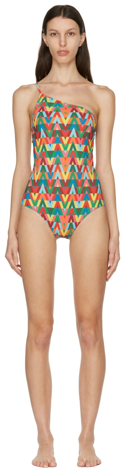 Shop Valentino Multicolor V Pattern Single Shoulder One-piece In M12 Multicolor