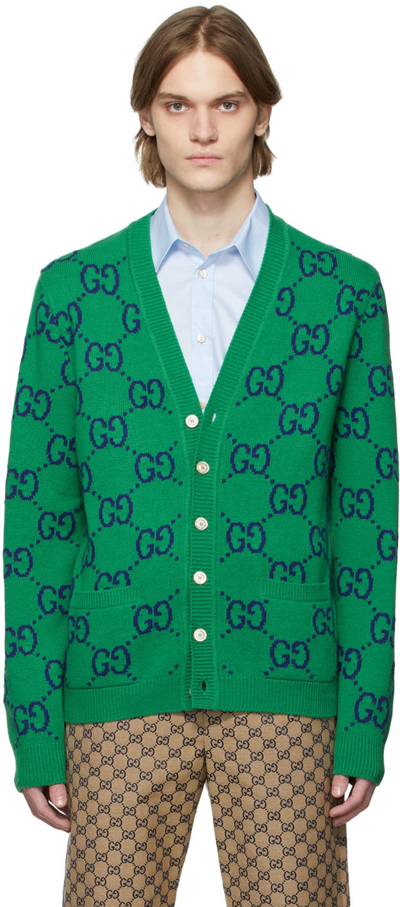 Shop Gucci Green Knit Gg Cardigan In 3129 Yard/mc