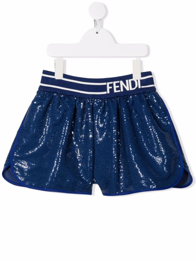 Shop Fendi Logo-waistband Sequin-embellished Shorts In Blue