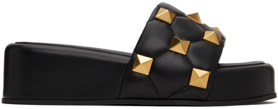 Shop Valentino Black Roman Stud Slide Sandals In 0no Nero