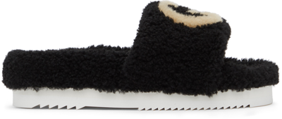 Gucci Eileen Logo Genuine Shearling Slide Sandal In 1046 Black-buttersco