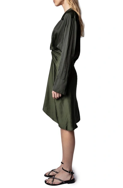 Shop Zadig & Voltaire Rozo Gathered Long Sleeve Satin Dress In Khaki