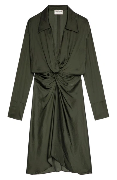 Shop Zadig & Voltaire Rozo Gathered Long Sleeve Satin Dress In Khaki