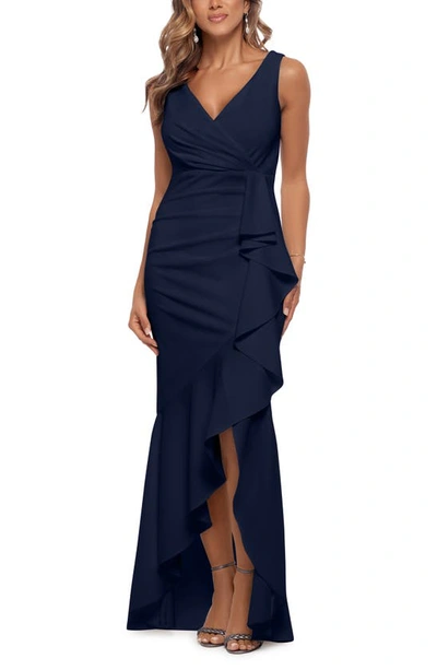 Shop Betsy & Adam V-neck Cascade Ruffle High-low Gown In Navy