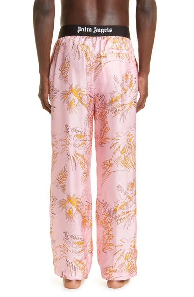 Shop Palm Angels Abstract Palm Print Silk Pajama Pants In Pink Gold