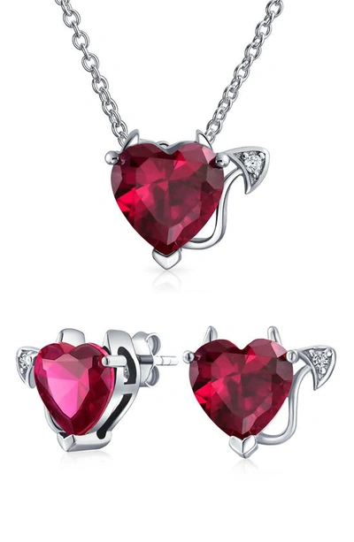 Bling Jewelry Romantic Cubic Zirconia Red Aaa Cz Devil Heart Necklace Stud Earring Pendant Jewelry Set For Women T In Red