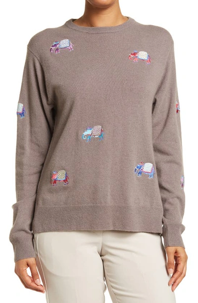 Shop Nicole Miller Logo Embroidery Cashmere Sweater In Taupe
