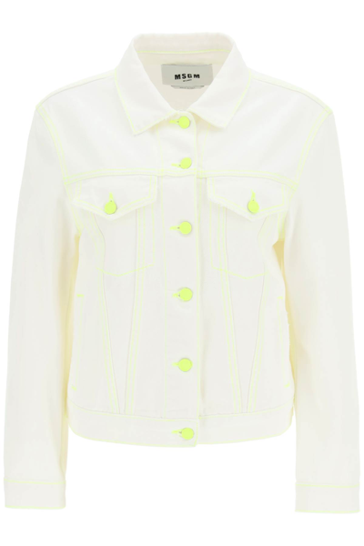 Shop Msgm Denim Jacket With Fluorescent Stiching In Off White (white)