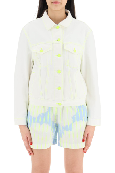 Shop Msgm Denim Jacket With Fluorescent Stiching In Off White (white)