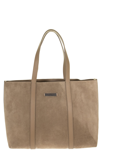 Shop Brunello Cucinelli Suede Leather Shopper Bag In Mud