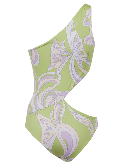 Pucci + Net Sustain One-shoulder Cutout Printed Swimsuit In Verde