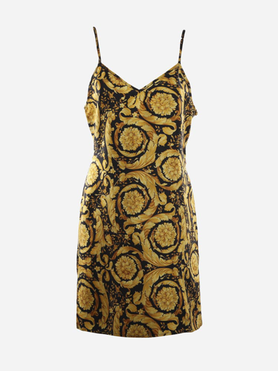 Shop Versace Underwear Dress In Silk With All-over Baroque Print In Gold, Black