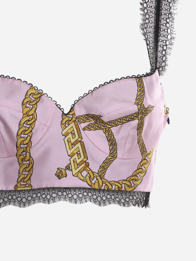 Shop Versace Chain Print Silk Bralette In Pink, Gold