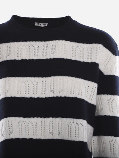 Shop Miu Miu Striped Cashmere Sweater With Perforated Logo Detail In Blue, White