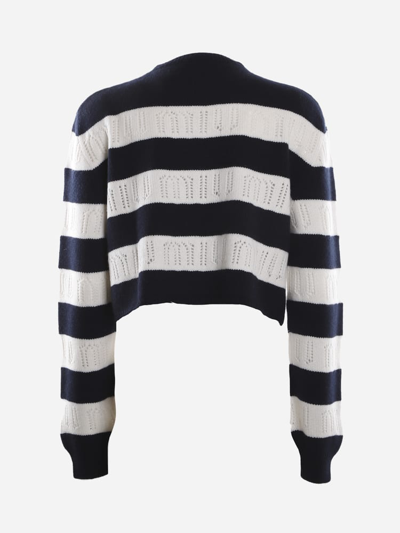 Shop Miu Miu Striped Cashmere Sweater With Perforated Logo Detail In Blue, White