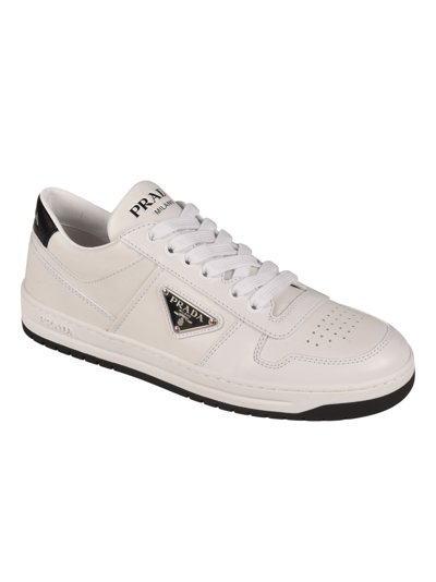 Shop Prada Logo Plaque Perforated Sneakers In White/black