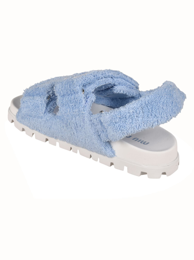 Shop Miu Miu Fur Doble Velcro Strap Sandals In Celestial