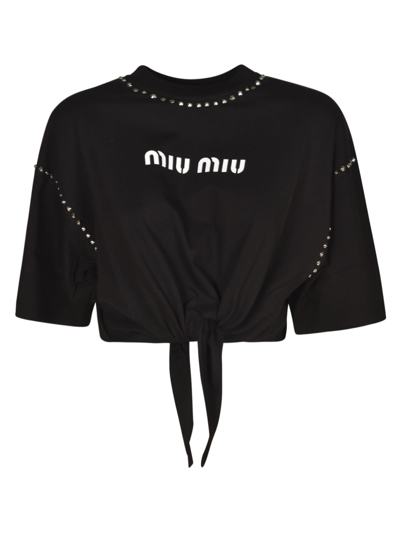 Shop Miu Miu Studded Logo Cropped T-shirt In Black