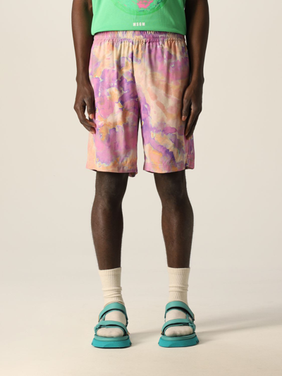 Shop Msgm Tie-dye Shorts With Camo Shells Motif In Lilac