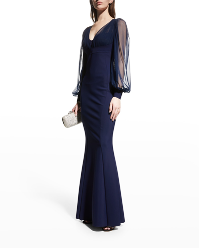 Shop Chiara Boni La Petite Robe Perlita Sheer-sleeve Illusion Gown In Blu Notte 743