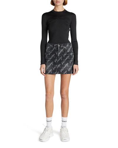 Shop Balenciaga Logo-print Denim Low-waist Mini Skirt In Noir